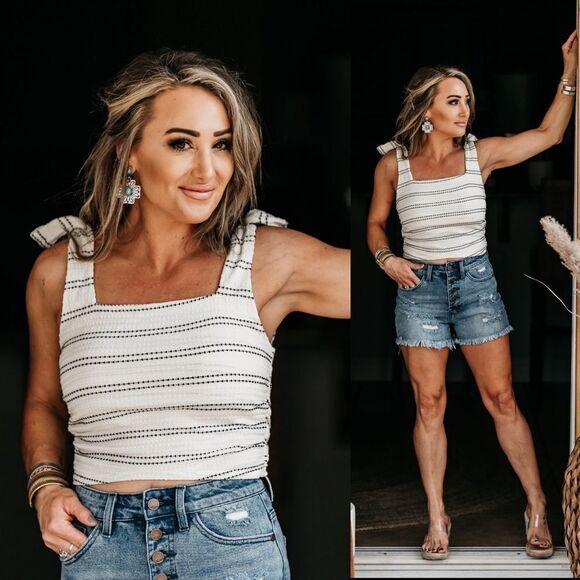 Black ivory stripe crop tank top summer vacation - Picture 1 of 2